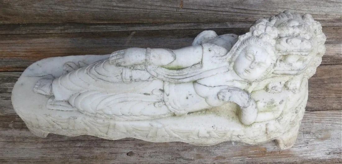 Antique Marble Reclined Kwan Yin Buddha Statue - 11