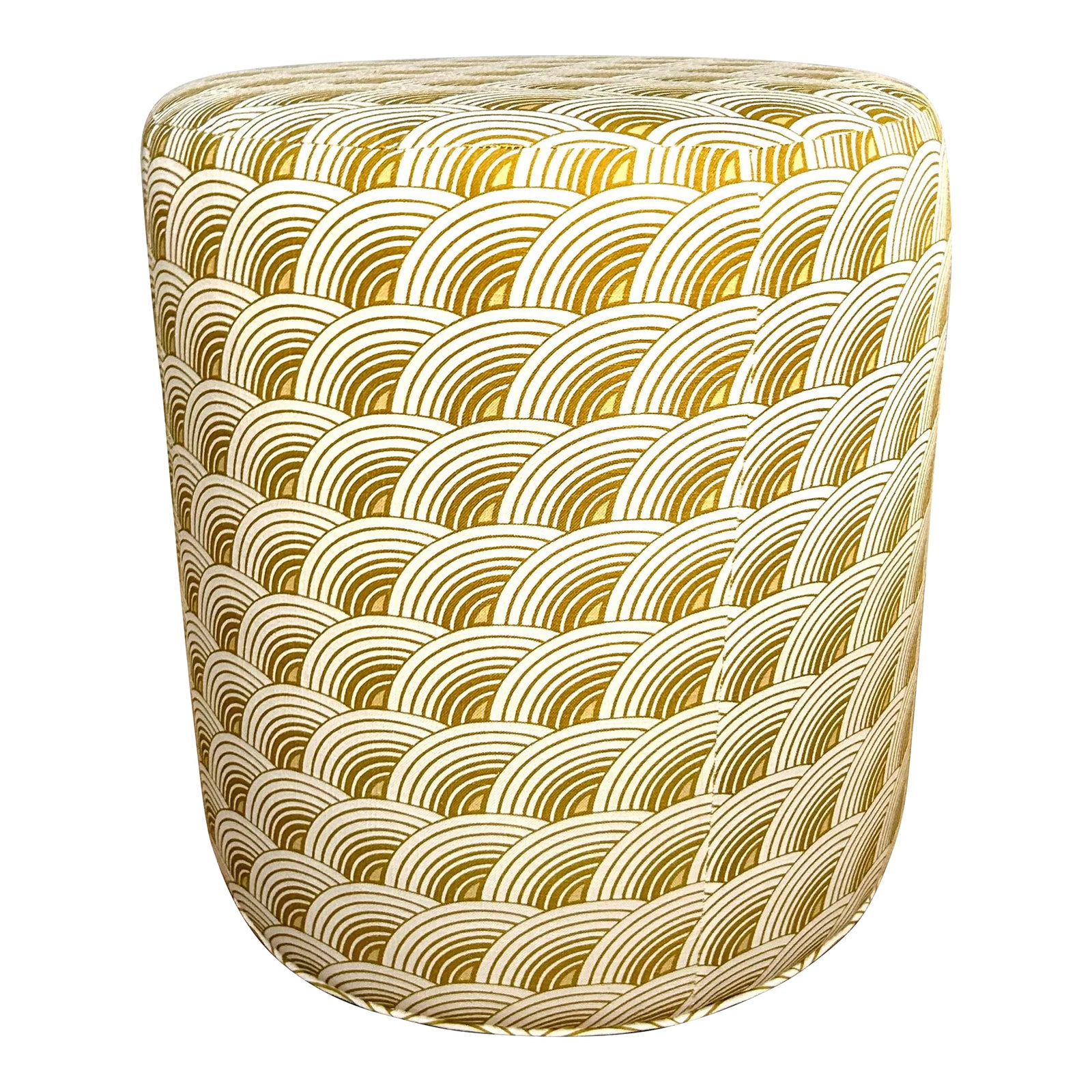 Lee Industries "Eclipse Sun" Custom Upholstered Drum Ottoman: Lee Industries signature fabric "Eclipse Sun" custom upholstered drum ottoman. Fabric pattern was inspired by 1960's vintage Danish motif. The Lee fabric grade M. Fabric is 100% Cotton. The pattern