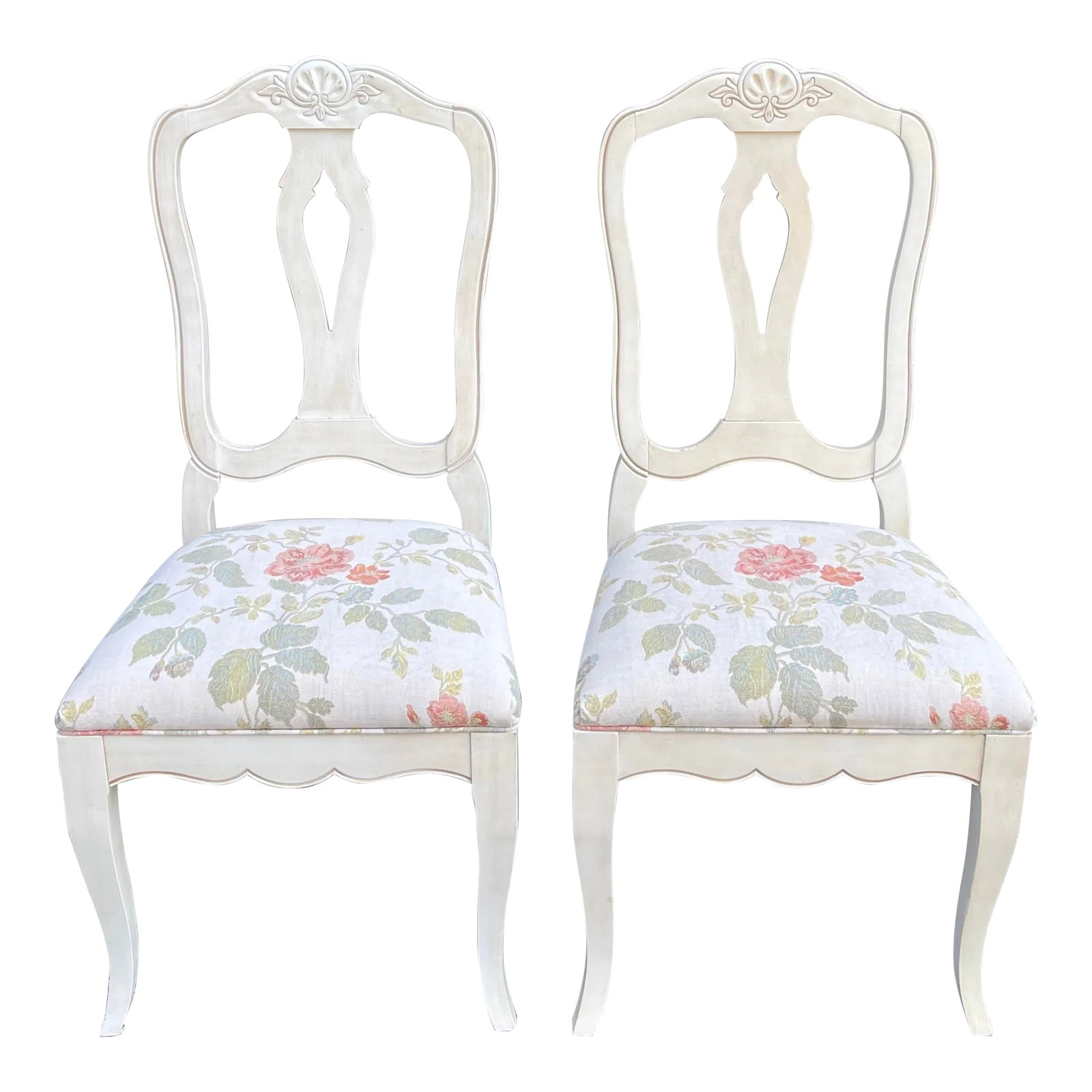 2000s Ethan Allen Country French Birch Dining Chairs - a Pair (A) (26-6202 Brittany): A pair of 21st century Ethan Allen Country French collection dining chairs in their cream colored Brittany finish with floral upholstery. American made. Circa 2003. Ethan Allen Model # 26-6202 Ethan A