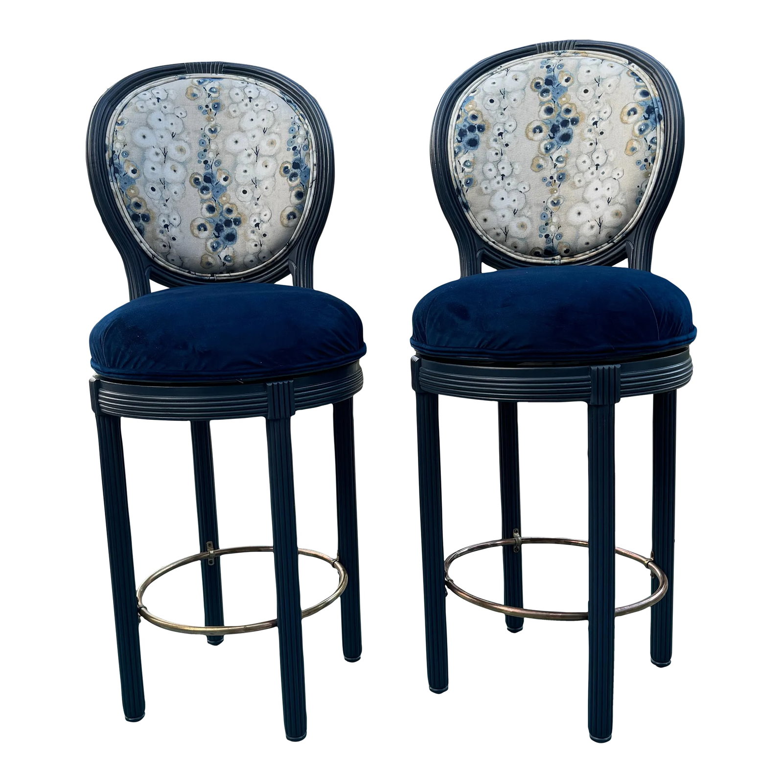 Vintage Italian Swivel Bar Stools- a Pair.: This is a vintage pair of Italian barstools. Swivel seats, solid reeded wood frame with metal footrest. They have been refinished in a satin lacquer finish (SW, Hale Navy) and reupholstered in a blue