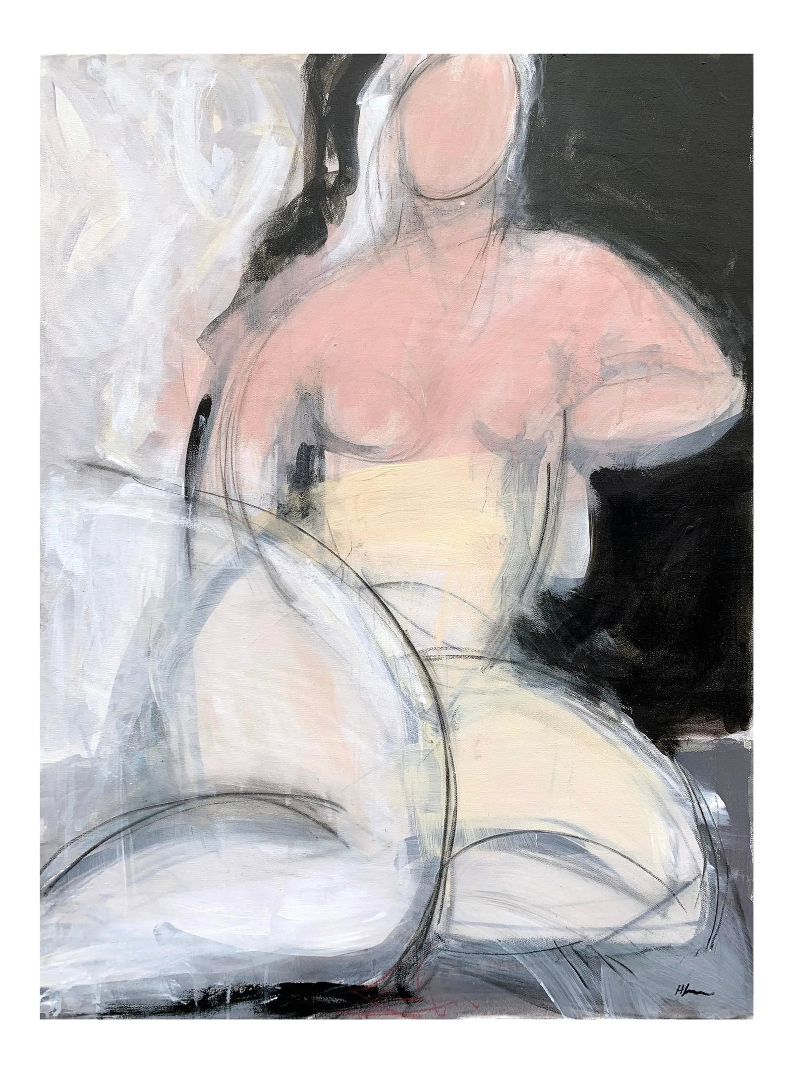 Woman Seated in Pink Painting Acrylic on Canvas: Exploring the beauty of a woman reclining through shape, movement, and color. Condition: Imperfections: No Imperfections Condition Notes: Exploring the beauty of a woman reclining through shape,
