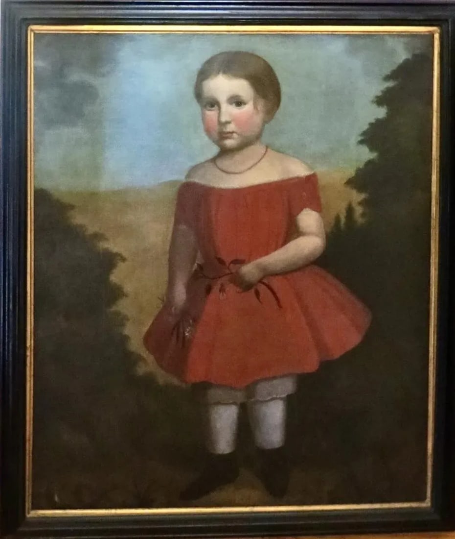 Folk Art Portrait Painting "Young Girl in a Red Dress", American, Circa 1825 - 2