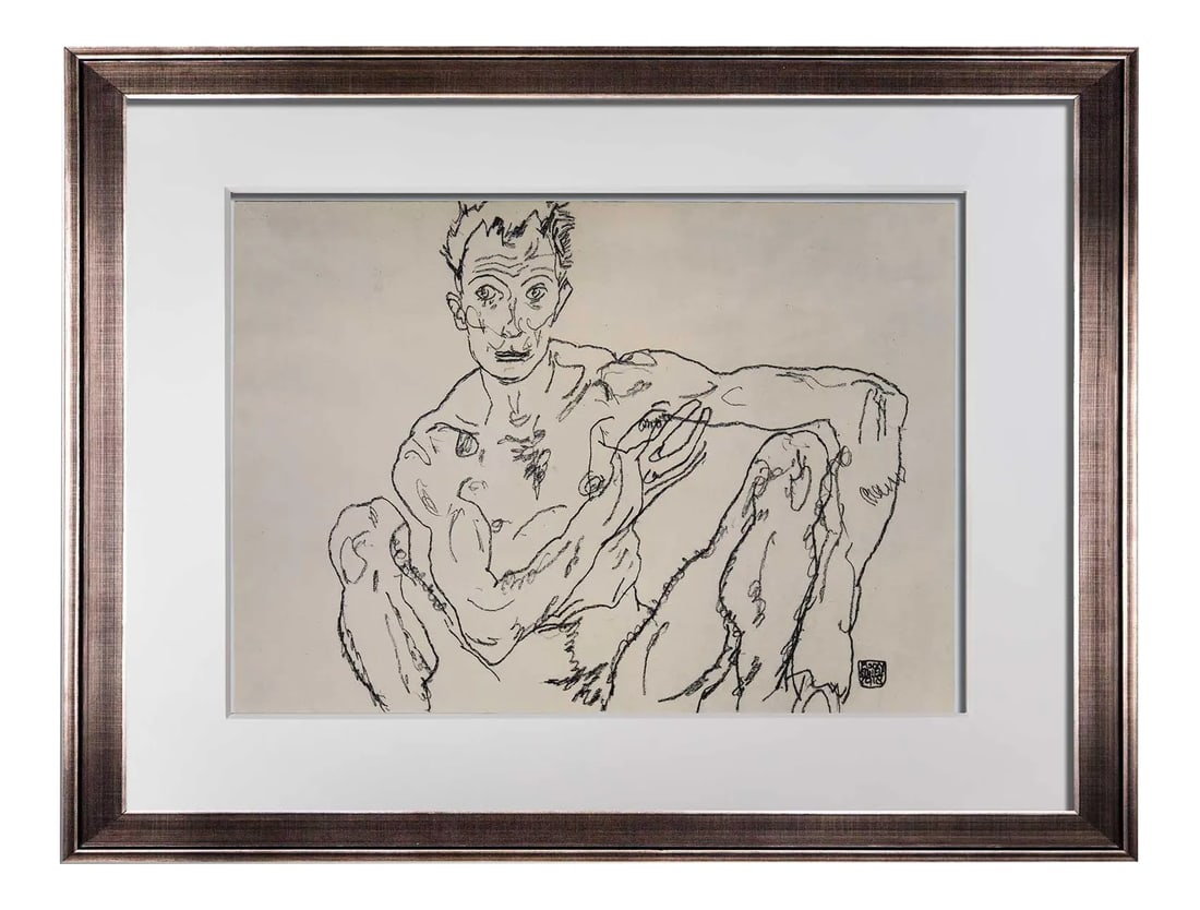Egon Schiele Signed "Nude Self Portrait" Framed Lithograph: Schiele Limited Edition Lithograph titled Nude Man Crouching (Self Portrait). 1918. Size : 42.6x29.5cm. Frame Size: 26 3/4 x 21 1/2in. It is a numbered Limited Edition 67/100 and has exemplaire Authen