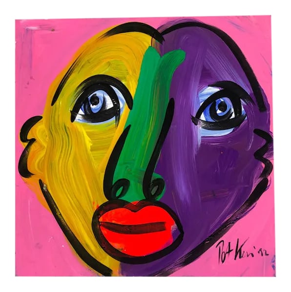 Vintage Abstract Signed Expressionist Portrait Painting by Peter Robert Keil 1972 With Certificate o: Peter Keil has produced many Portrait Oil on Boards of this size but the Blue And Turquoise hues in this piece are magical Stunning Quality Medium Abstract Expressionist Peter Keil Colorful