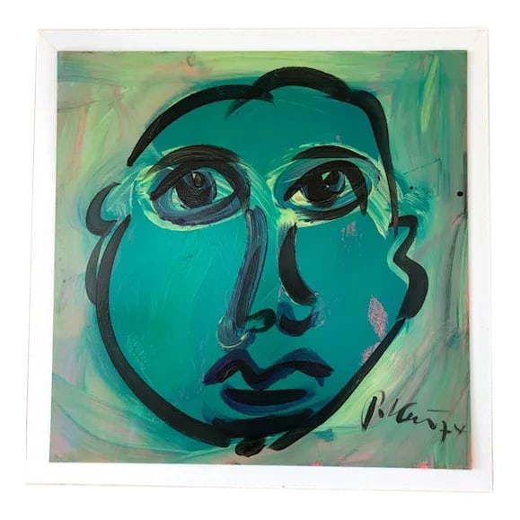 Vintage Peter Robert Keil Blue Period 1974 Signed Expressionist Portrait Painting With Certificate o: Peter Keil has produced many Portrait Oil on Boards of this size but the Blue And Turquoise hues in this piece are magical Stunning Quality Large Abstract Expressionist Peter Keil Colorful Blue huedl