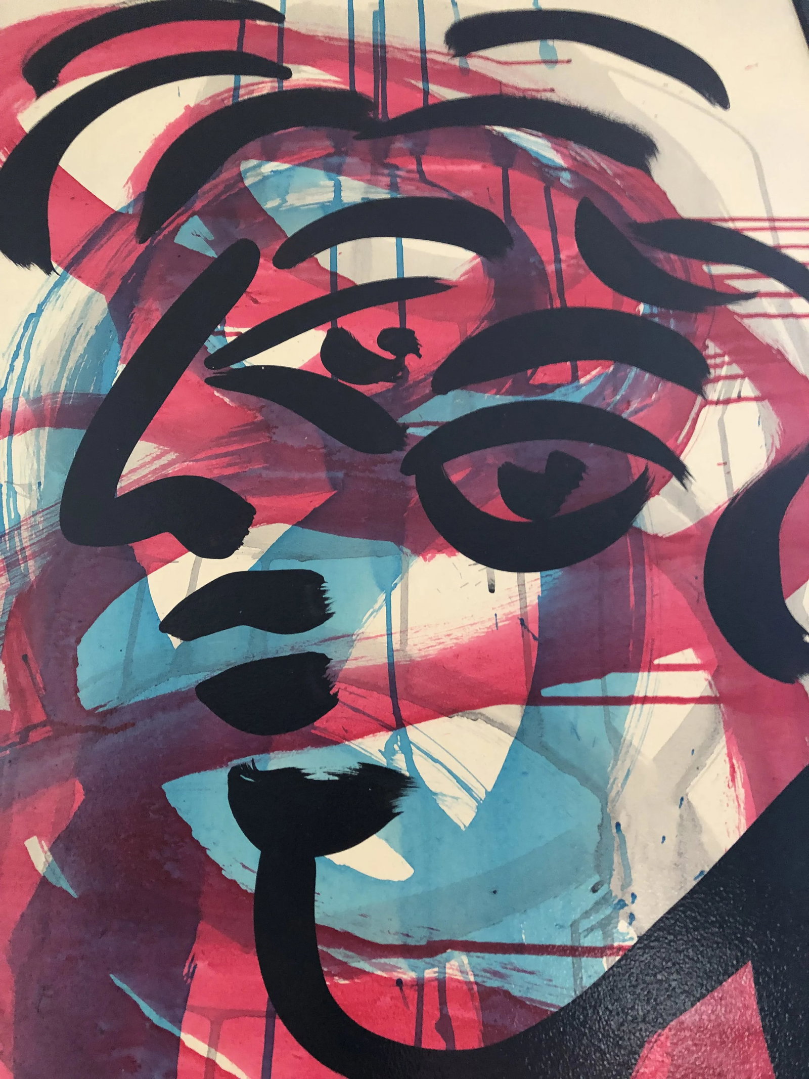 Modern Peter Robert Keil Signed Expressionist Painting With Certificate of Authenticity: One of a grouping of only twelve abstract red and blues ever painted by Peter Keil adopting the short brushstroke with drip method as a backdrop to the abstract 'Picasso' style portrait in black Quali