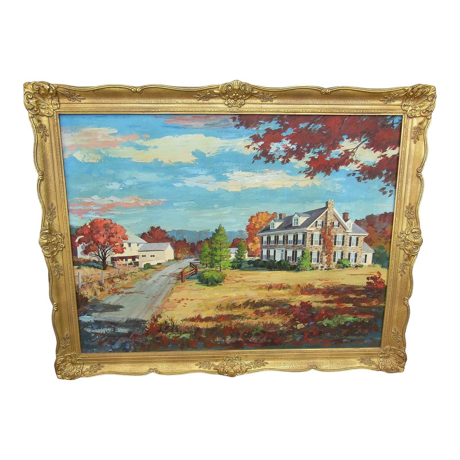 Vintage 1972 Signed Ed Schwarz Oil Painting on Canvas - Serene Countryside Estate With Ornate Gold F: Vintage 1972 Signed Ed Schwarz Oil Painting on Canvas - Serene Countryside Estate with Ornate Gold Frame This stunning oil painting captures the serene beauty of a countryside estate, set against the