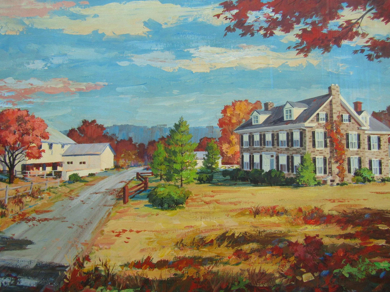 Vintage 1972 Signed Ed Schwarz Oil Painting on Canvas - Serene Countryside Estate With Ornate Gold F - 2
