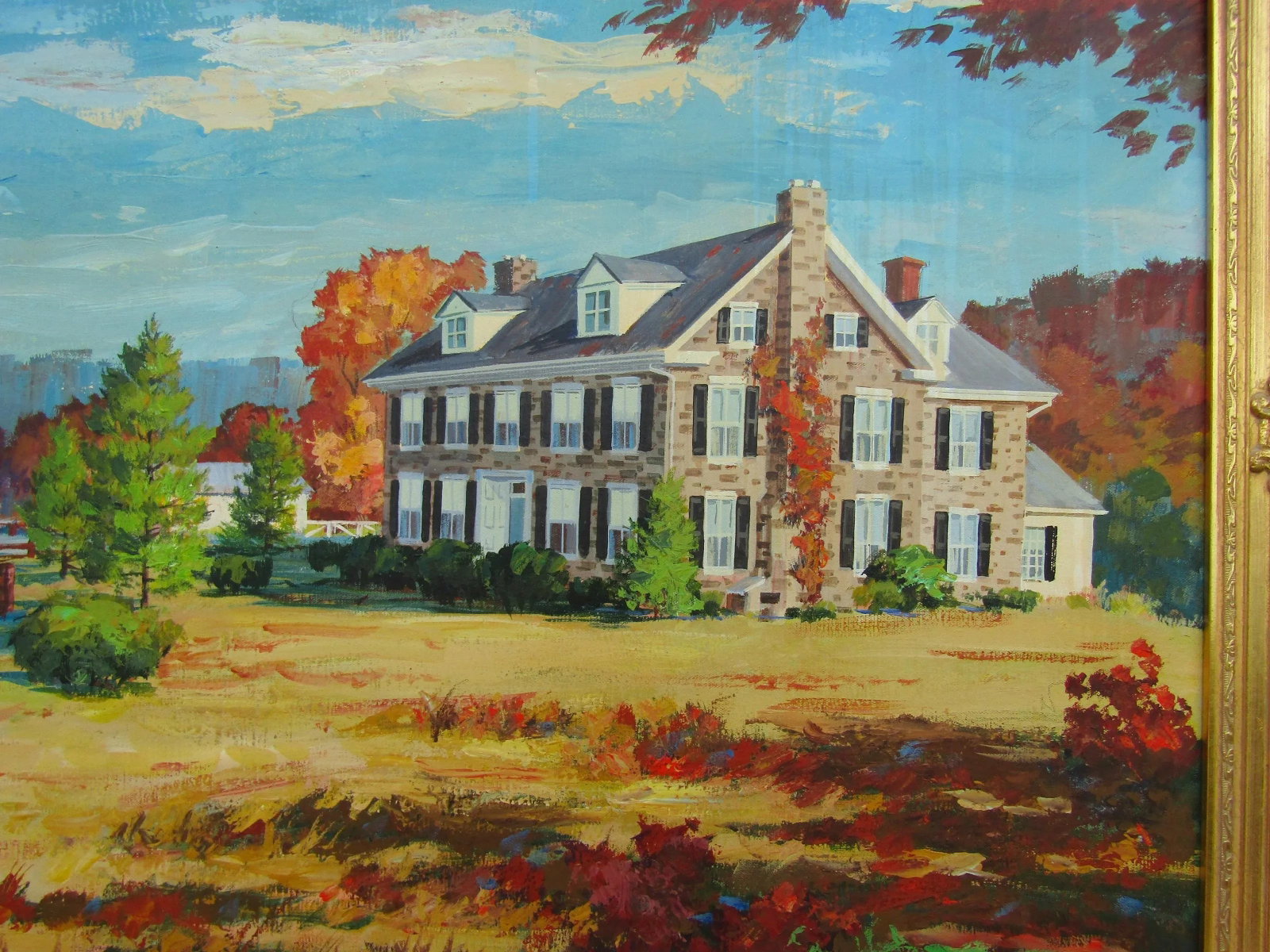 Vintage 1972 Signed Ed Schwarz Oil Painting on Canvas - Serene Countryside Estate With Ornate Gold F - 3