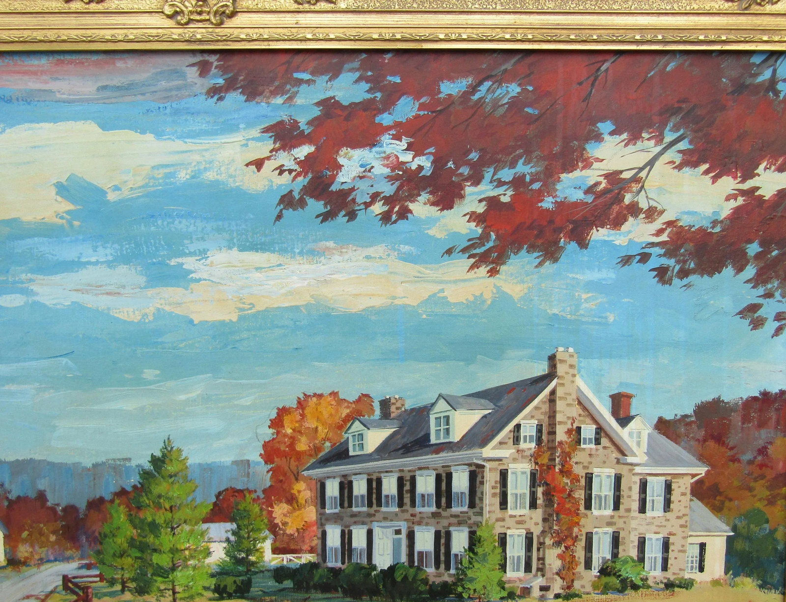 Vintage 1972 Signed Ed Schwarz Oil Painting on Canvas - Serene Countryside Estate With Ornate Gold F - 6