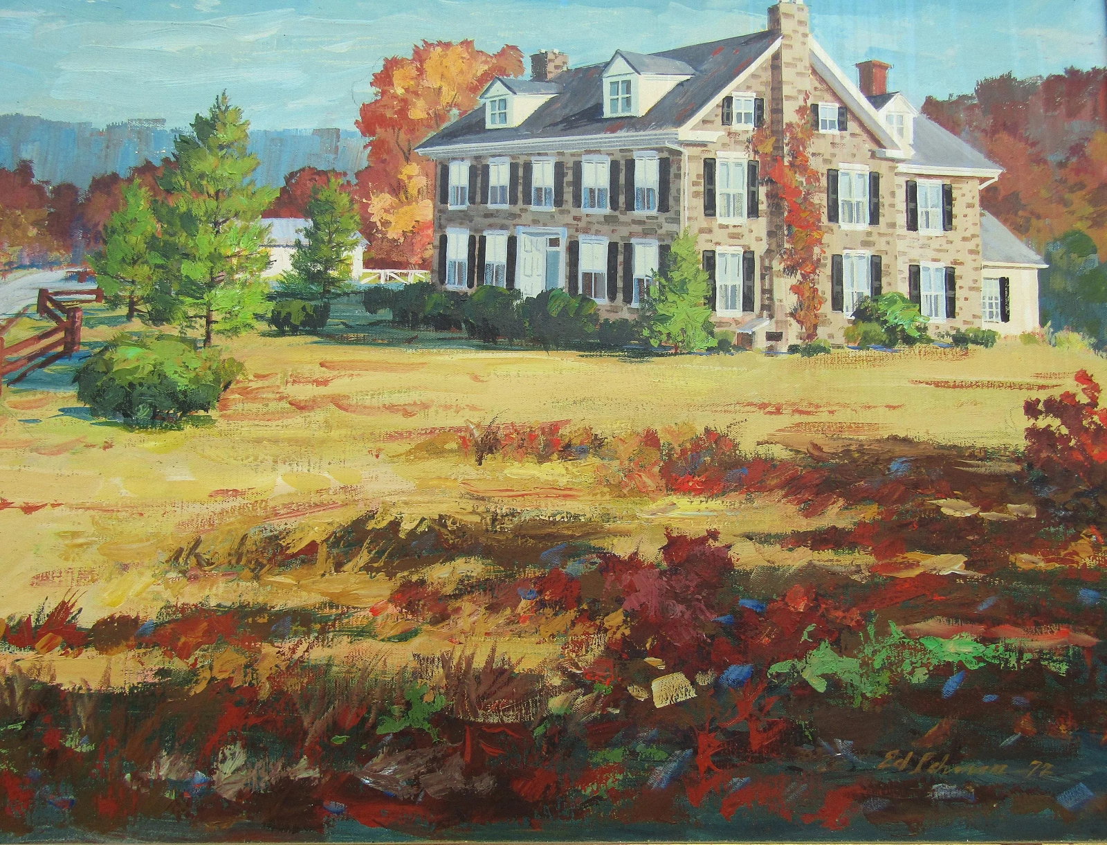 Vintage 1972 Signed Ed Schwarz Oil Painting on Canvas - Serene Countryside Estate With Ornate Gold F - 8