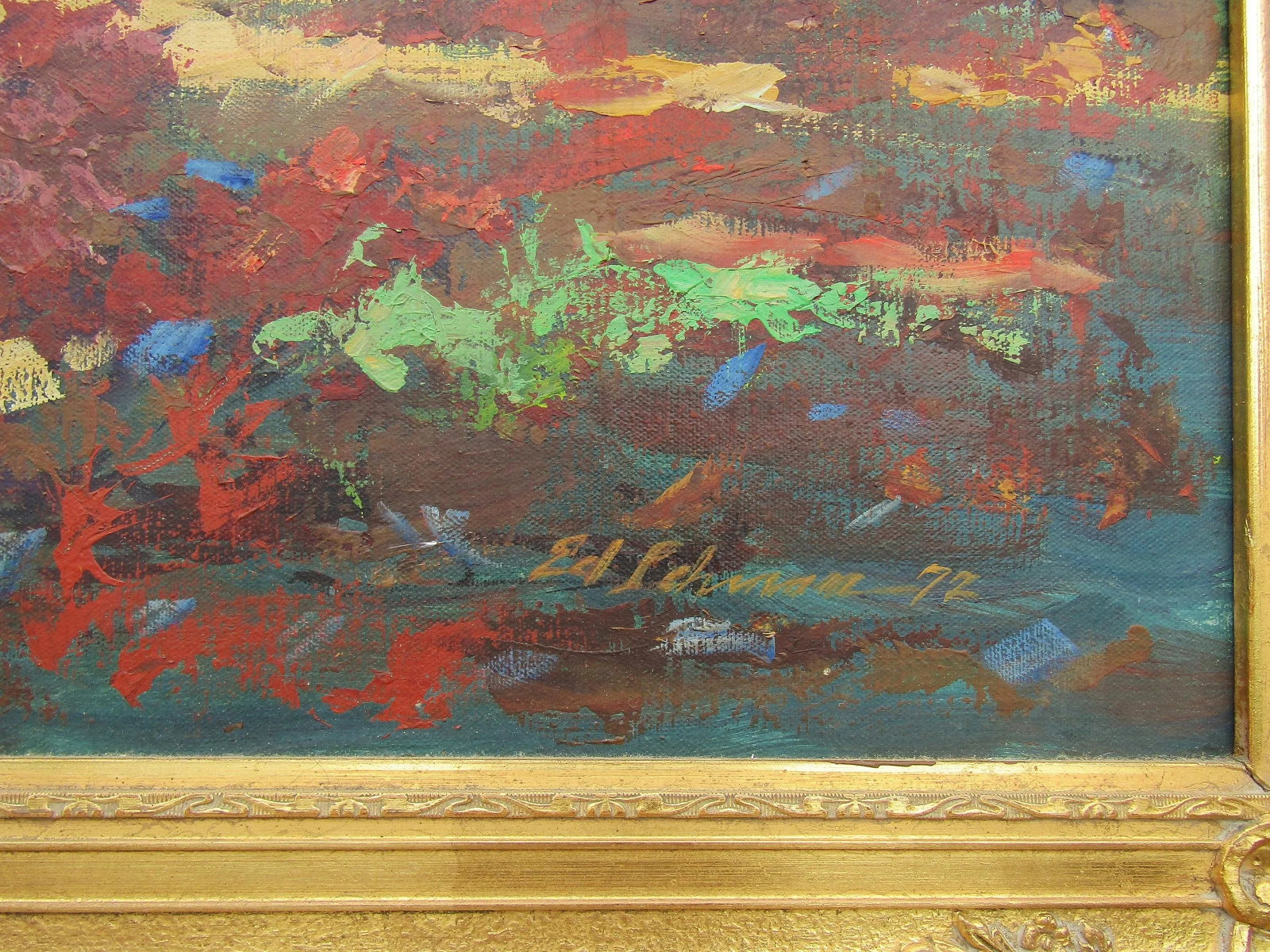 Vintage 1972 Signed Ed Schwarz Oil Painting on Canvas - Serene Countryside Estate With Ornate Gold F - 9