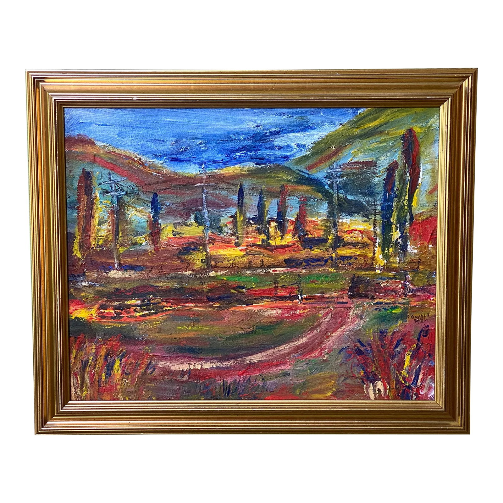 1990s Tuscany Italian Signed Landscape Oil Painting With Gold Frame - Unverified Artist Story: We originally purchased this oil painting on canvas from an artist exhibiting in Christchurch, New Zealand, while we were on holiday in the 1999/2000 timeframe. This vibrant oil painting is framed in 