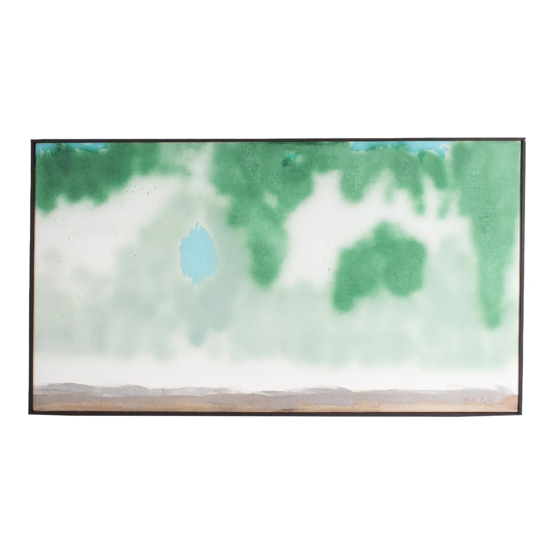 Martha Kaplan Signed "Lake in Summer No. Three" Abstract Acrylic on Canvas Painting: An acrylic on canvas painting by the American artist Martha Kaplan (1950-2019). Titled Lake in Summer No. Three, the painting depicts an abstracted lake scene with light and dark green paint hovering 