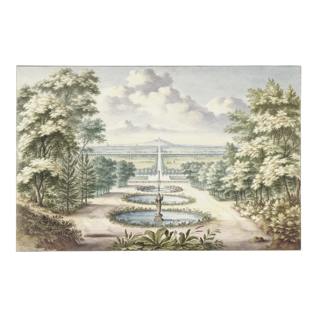 Classical Pastoral Landscape With Fountain, 43" X 65" Reproduction Print: A lovely Pastoral landscape scene looking out over a sweeping fountain design. This is restored from a Dutch 17th Century design. Archival Giclee print on fine art watercolor paper. Origin: United