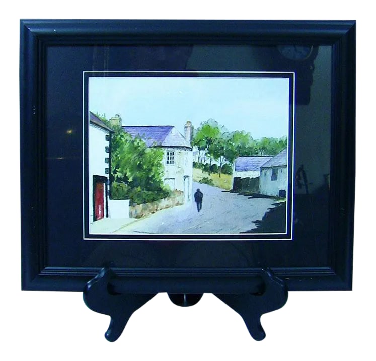 Irish Watercolor of Village Scene by M MacLoughlin: Lovely little original watercolor by Irish Artist - M.MacLoughlin. Village scene with red door....................hence we call it "THE RED DOOR". Nicely framed and matted. WE ARE OF THE OPINION THAT