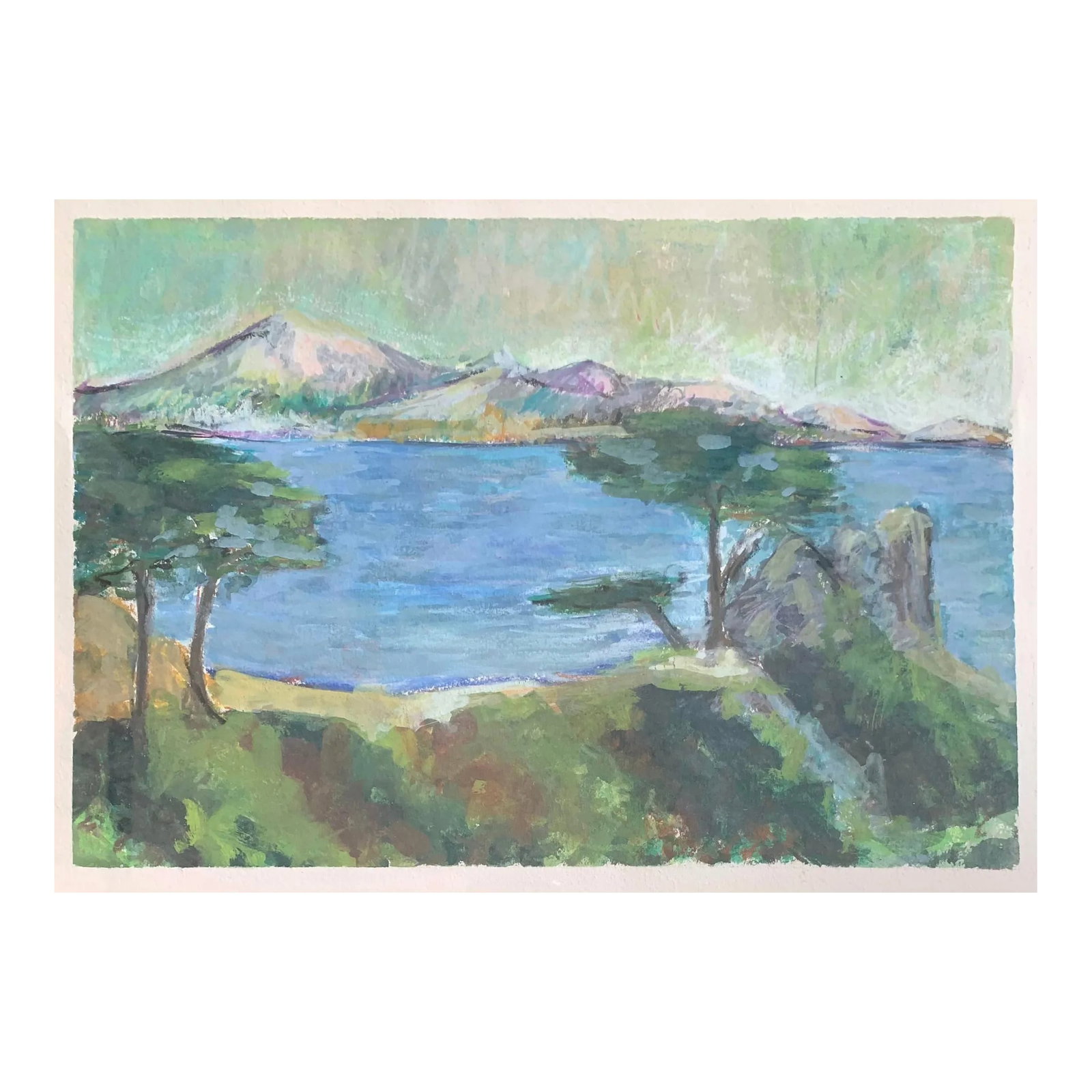 European Landscape, Watercolor and Oil Pastel, Framed Painting: Beautiful Impressionist painting on paper of the European Landscape, gentle pastel blues and greens colors and pastel mark making. Ready to hang. Heavy, watercolor, matte paper framed original
