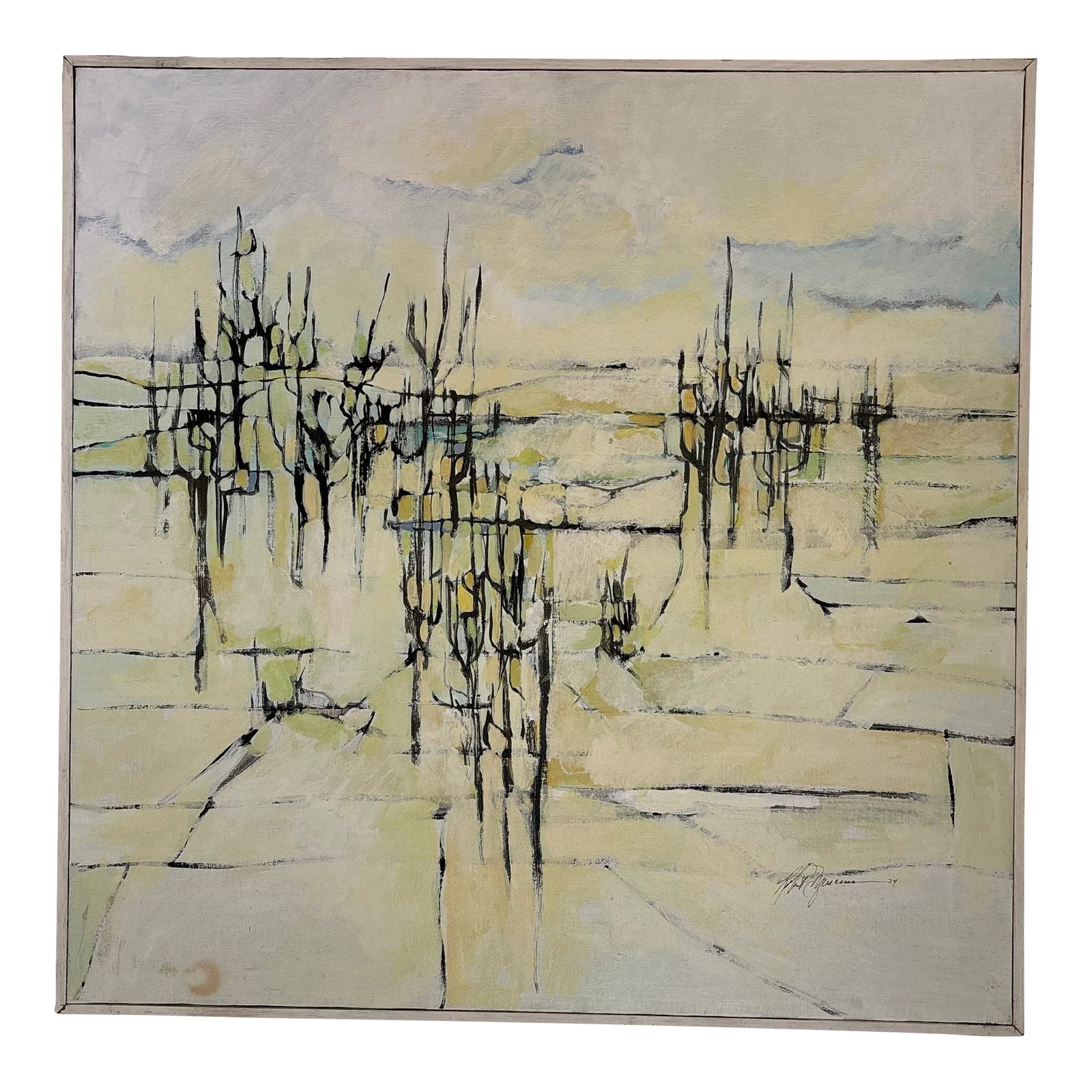 Mid-Century Modern Abstract Painting Signed by the Artist: What's not to like about this Mid-Century Modern Painting?! Soft neutral colors with striking black accents and reminiscent of an abstract landscape and reflection. Condition: Alterations: Original