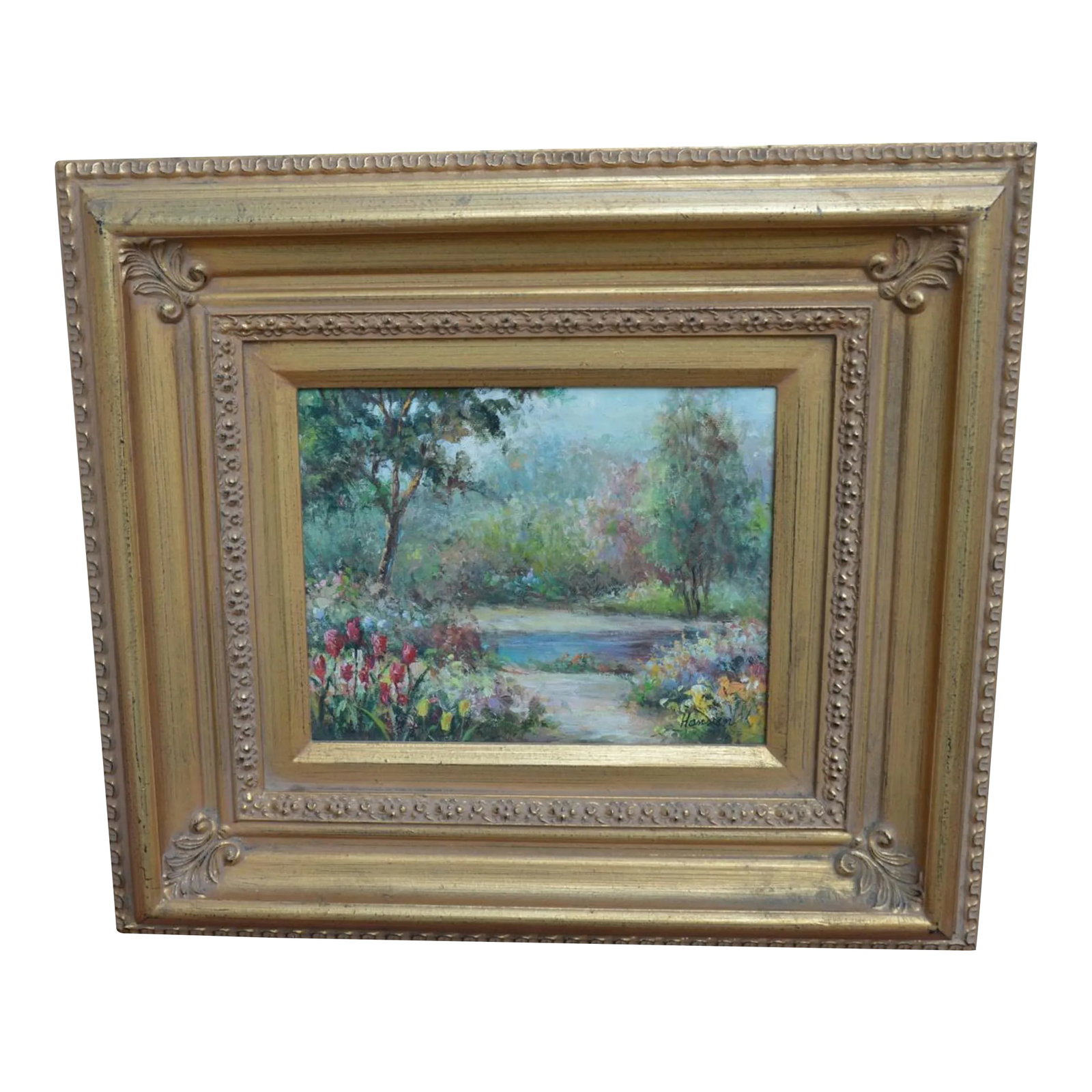 1990s Vintage Painting Landscape & Floral Solid Wood Gold Frame, Signed By Hanson: Vintage Painting Circa 1990s Landscape & Floral Solid Wood Frame Gold Frame Excellent Condition Signed By: Hanson 17'' Inches Height x 19'' Inches Width x 3'' Inches Depth Condition: Alterations: