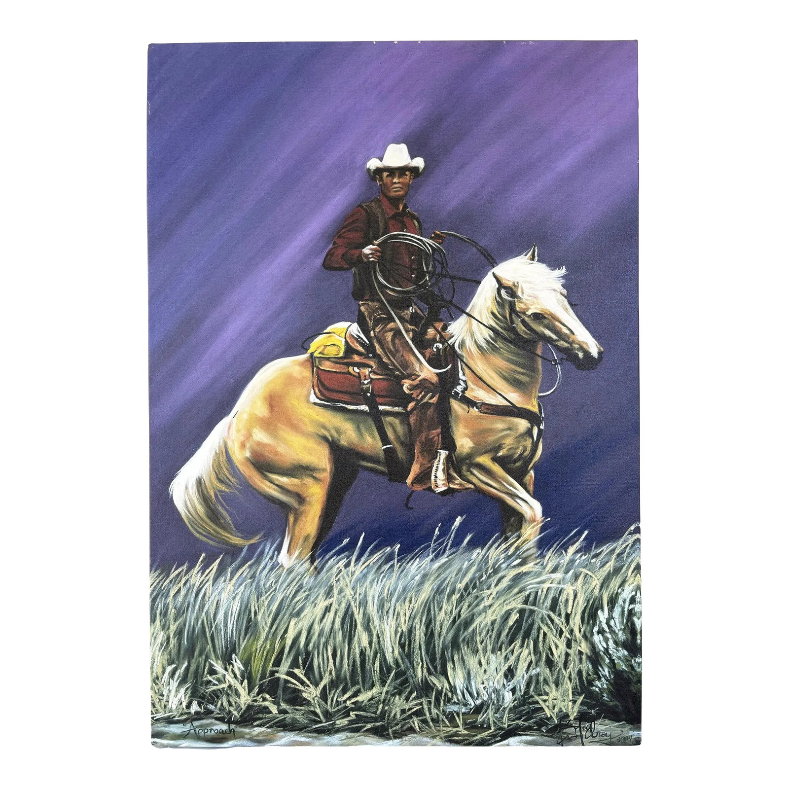 Cowboy on Horse "Approach" Painting Canvas Print of Original by Kim McElroy: Cowboy on Horse "Approach" Painting Canvas Print. Original painting was by Kim McElroy Circa 1994. This piece is a print on canvas of the original. Measurements are 18.25" w x 26.25" h x .75" d.