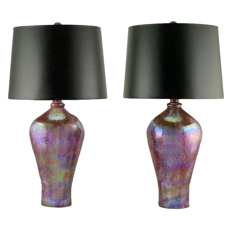 Lavender Iridescent Textured Ceramic Table Lamps - a Pair: Beautiful opalescent lavender, green, blue and copper textured ceramic vase form table lamps with lavender lacquered wood ball finials. Sold sans shades. Condition: Alterations: Original Condition Una