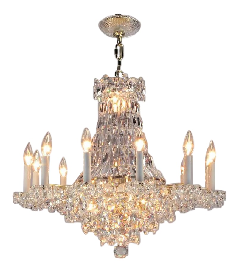 Art Deco Revival Brass, Crystal & Mirror Twelve-Arm Chandelier: Beautiful art deco revival crystal chandelier with twelve lights/arms. Half basket lower section is reflected in a mirrored disc that separates the top and bottom and reflects both. Two links of