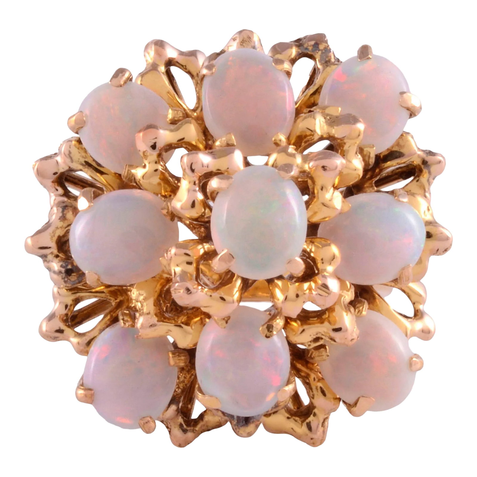 1950-60s Oval Opal Cocktail Ring Size 6.5: This is part of Chairish's Fine Jewelry assortment. Vintage oval opal cocktail ring, circa 1950-60. This 12 karat yellow gold cocktail ring has nine oval opals. The vintage opal ring is a size 6.5.