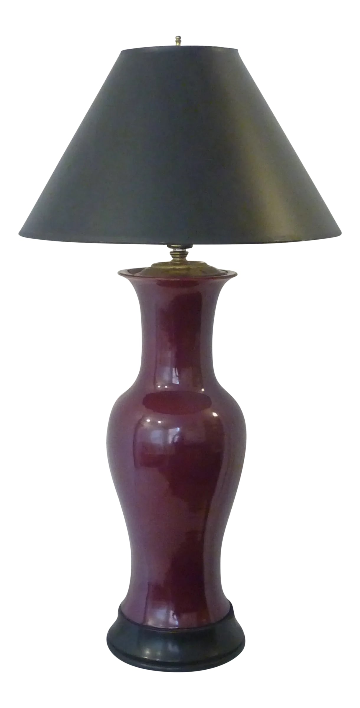 Early 20th Century Antique Japanese Oxblood Baluster Form Ceramic Lamp: Deep red Japanese baluster form oxblood ceramic lamp with wooden base, updated wiring, use up to 100 watt Edison base bulb, comes without the shade, height of base is 18". Condition: Alterations: