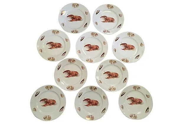 JKW Porcelain Western Germany Lobster Plates - Set of 10: Set of 10 porcelain lobster plates. Marked "J K W Fine Porcelain Western Germany." Wear consistent with age, firing marks. Condition: Alterations: Original Condition Unaltered Imperfections: Some