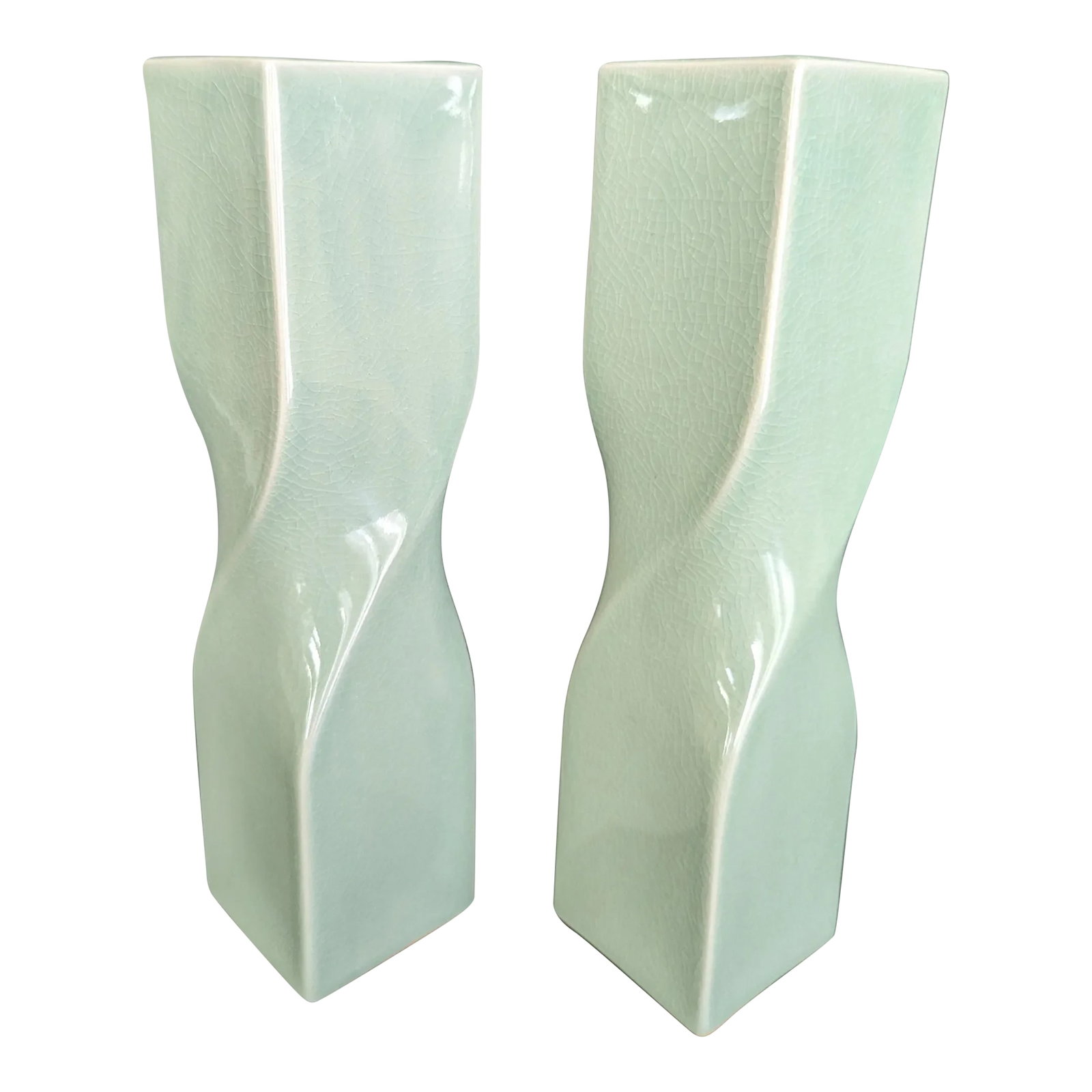 1990s Maitland-Smith Celadon Porcelain Vases- a Pair: Pair of celadon porcelain vases with crackle glaze. Hand-made in Thailand for Maitland-Smith in a unique swirl/twist form that is both modern and classic. In like-new, unused condition. Sold as a pair