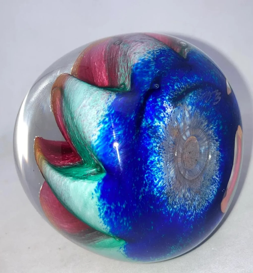 Epiphany 2003 Art Glass Orange Ruby Fruit / Blue Paperweight - 10