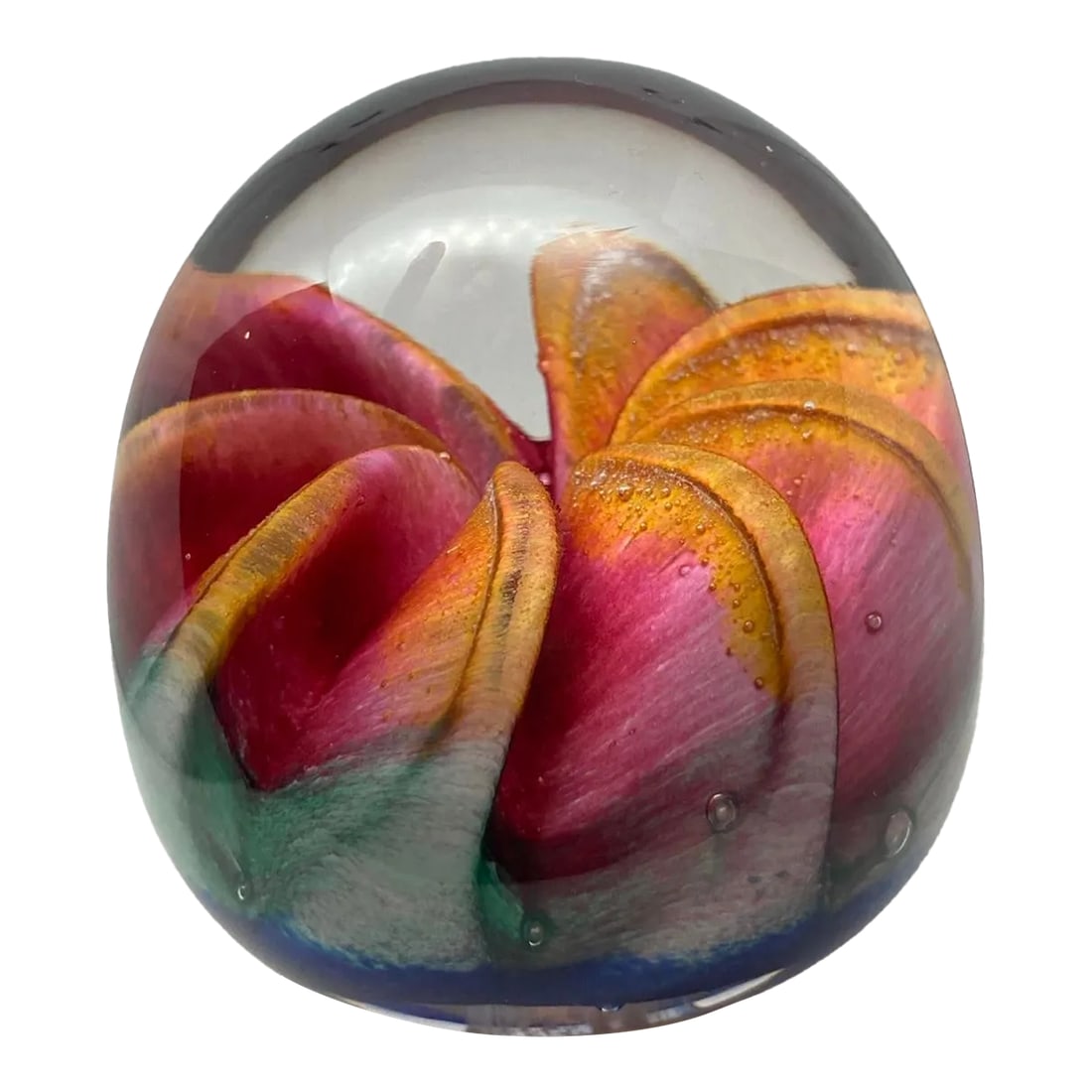 Epiphany 2003 Art Glass Orange Ruby Fruit / Blue Paperweight: Epiphany 2003 Art glass Orange ruby fruit / blue Paperweight 3", 1lb 7oz Condition: Alterations: Original Condition Unaltered Imperfections: Some Imperfections Condition Notes: Good used. Normal use