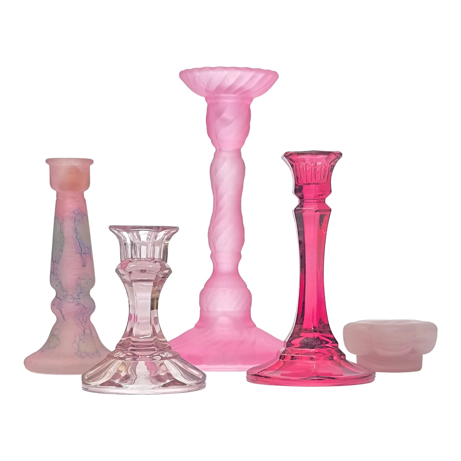 Mid 20th Century Mixed Pink Candle Holder Curation - Group of 5: Assorted pink candle holders, group of 5. This interesting group of mixed pink glass candle holders comes in a variety of shapes, sizes, and finishes. Shortest: 1.5"H Tallest: 8.5"H Condition: