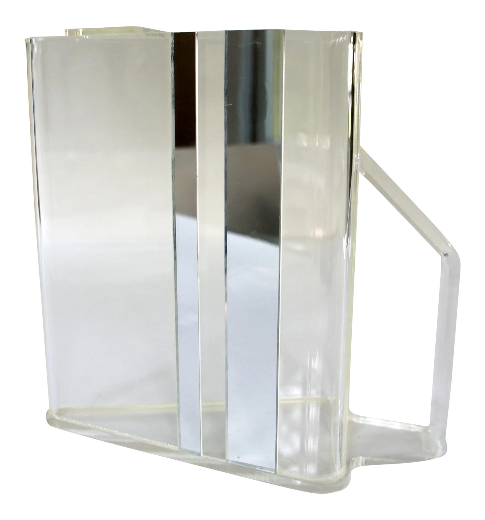 1970s Mod Lucite and Silver Stripes Pitcher: A glam 1970s lucite pitcher, featuring two reflective mirror stripes. Holds approximately 1 liter. A great complement to your barware collection. There are two of these pitchers available for