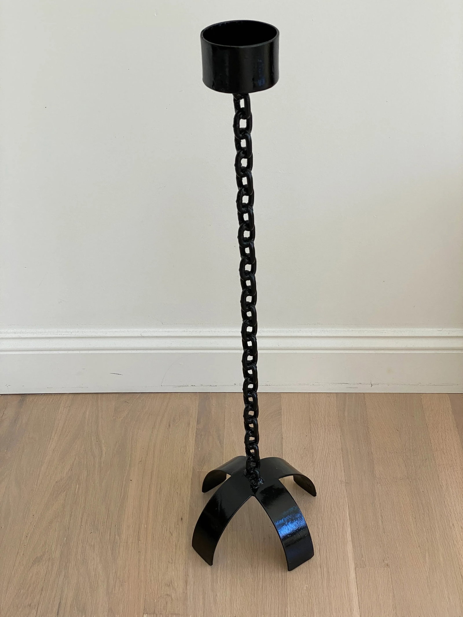 1980s Modernist Black Wrought Iron Floor Candle Stand - 2