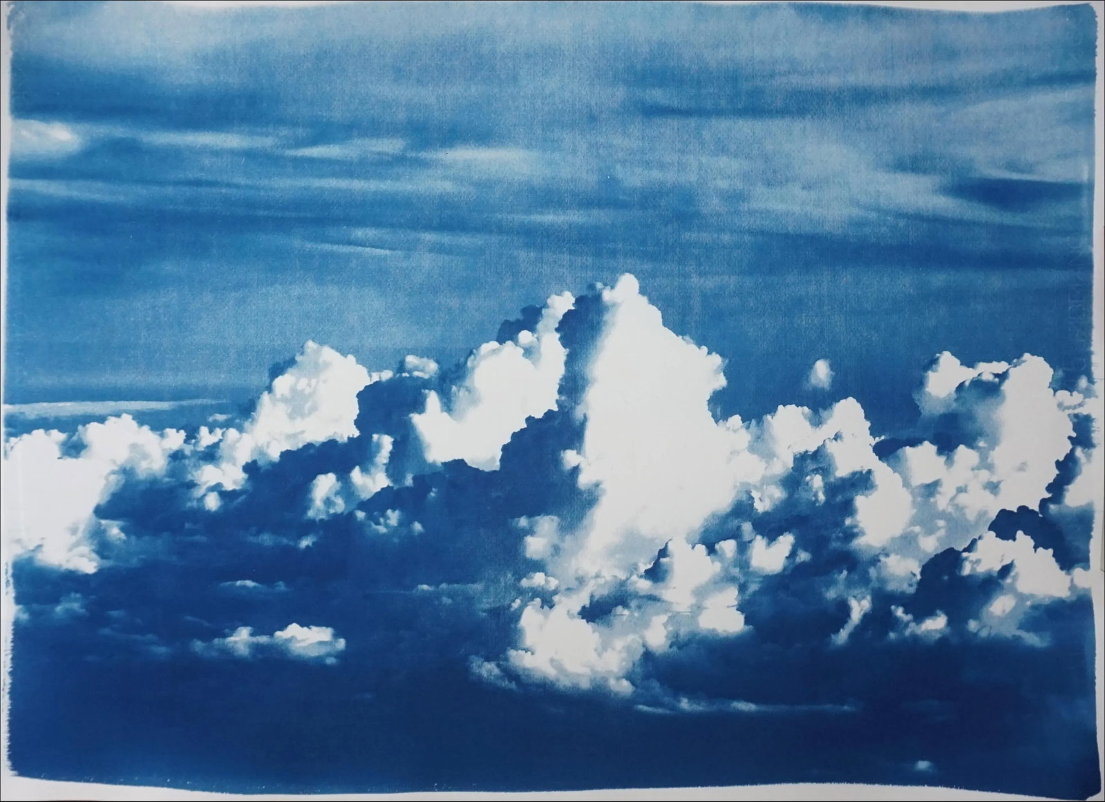Blustery Clouds After a Storm, Sky Blue Handprinted Cyanotype on Watercolor Paper, Meaningful Scene - 13