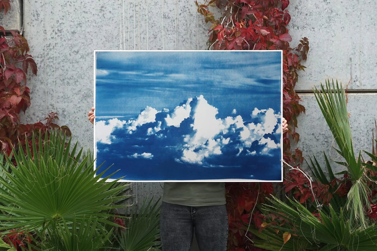 Blustery Clouds After a Storm, Sky Blue Handprinted Cyanotype on Watercolor Paper, Meaningful Scene - 3