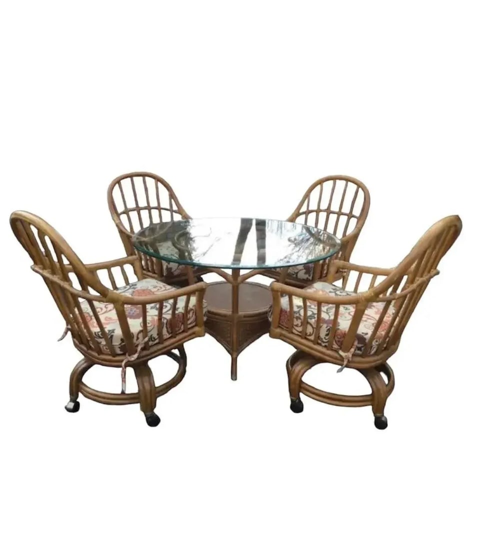 Vintage Lane Venture Wicker & Bamboo Dining Table With Glass Top & 4 Rolling Chairs - 10