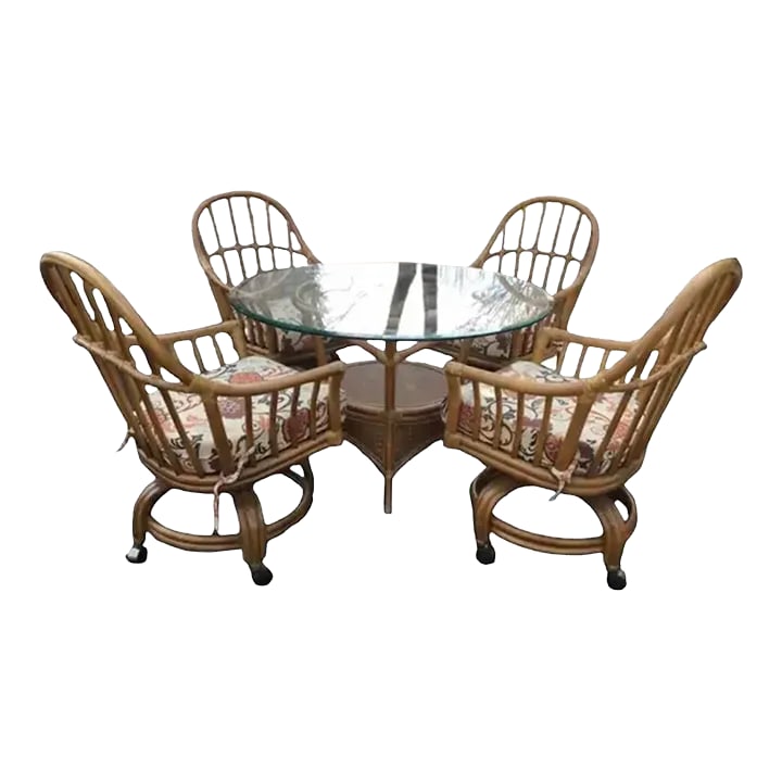 Vintage Lane Venture Wicker & Bamboo Dining Table With Glass Top & 4 Rolling Chairs (1 of 10)