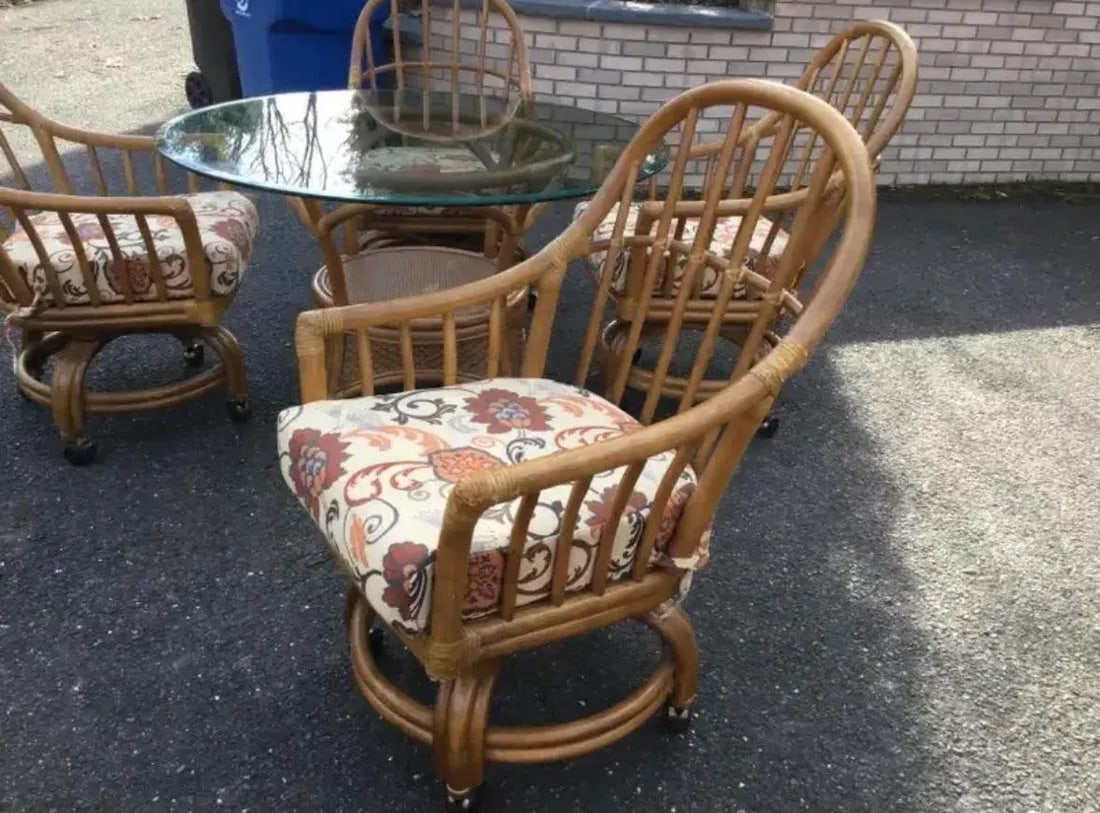 Vintage Lane Venture Wicker & Bamboo Dining Table With Glass Top & 4 Rolling Chairs - 4