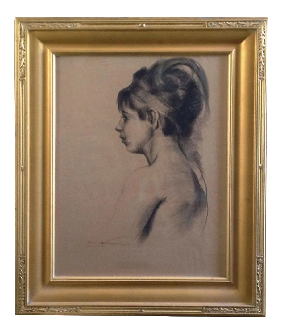 Early 20th Century Portrait Charcoal Drawing of an Young Woman with Feather by Emil Kosa Jr., Framed: A serene American 1930s portrait of an elegant young woman with feather; by Emil Kosa, Jr (Californian 1903-1968) signed lower left; charcoal on paper; seated in profile wearing a head band and