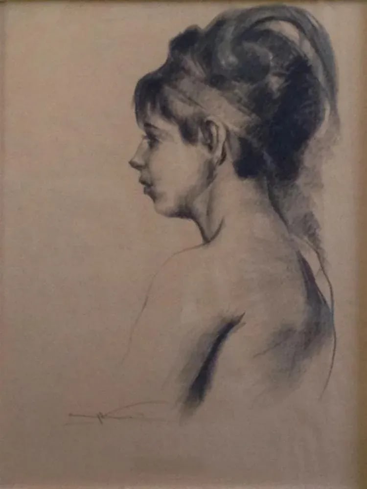 Early 20th Century Portrait Charcoal Drawing of an Young Woman with Feather by Emil Kosa Jr., Framed - 2