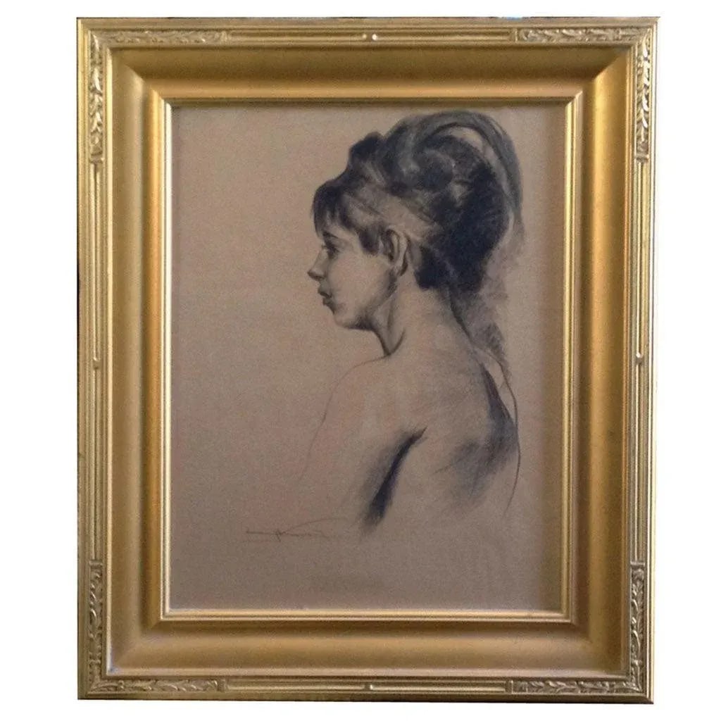 Early 20th Century Portrait Charcoal Drawing of an Young Woman with Feather by Emil Kosa Jr., Framed - 3