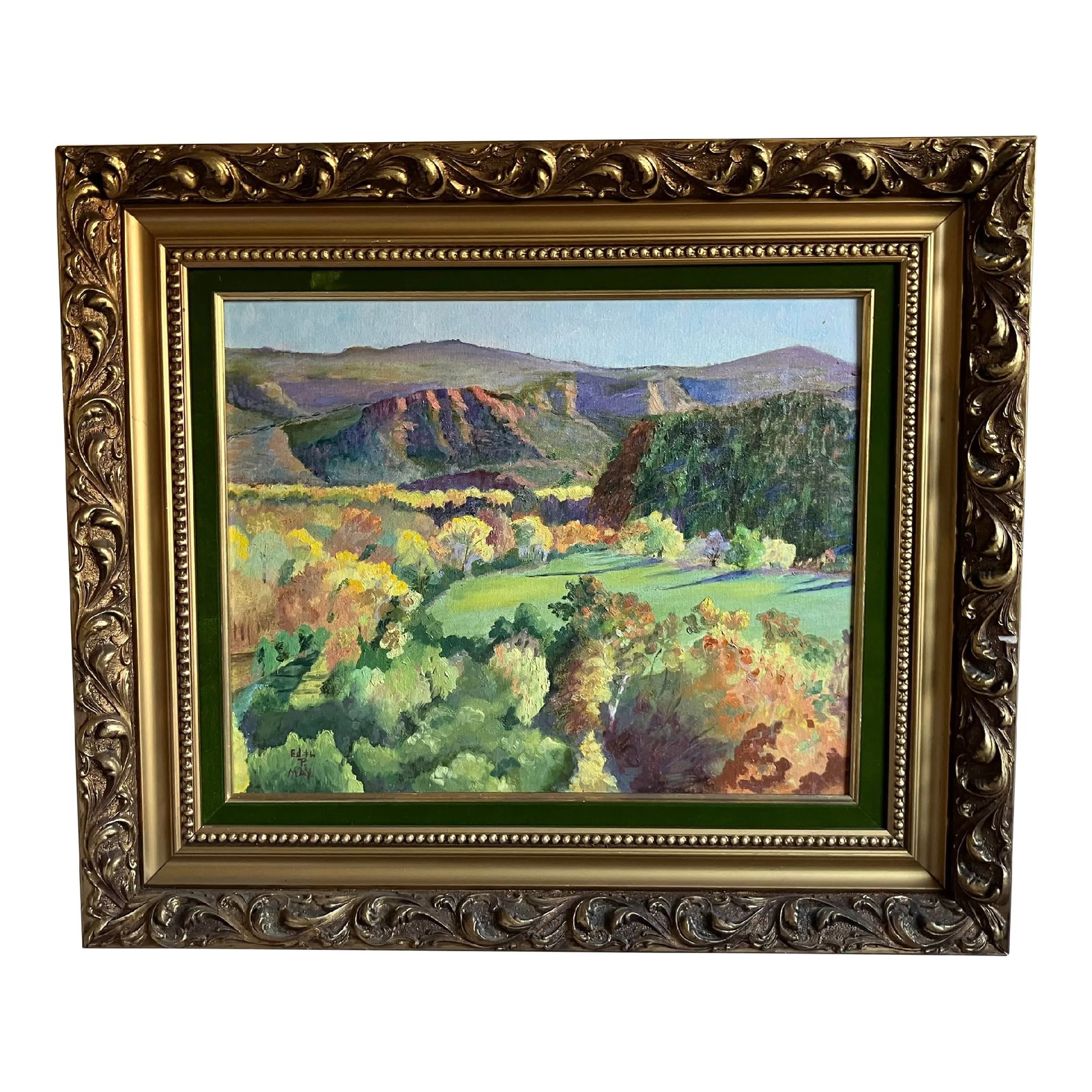 Southwest Sedona Arizona Landscape Painting, Edith P. May, San Francisco Women's Artist Association,: Bucolic landscape of the famous Southwestern Oak Creek Canyon, Sedona, Arizona. Oil on board by 20th Century American artist Edith P. May. This rich landscape, typical of May's work shows the purple h