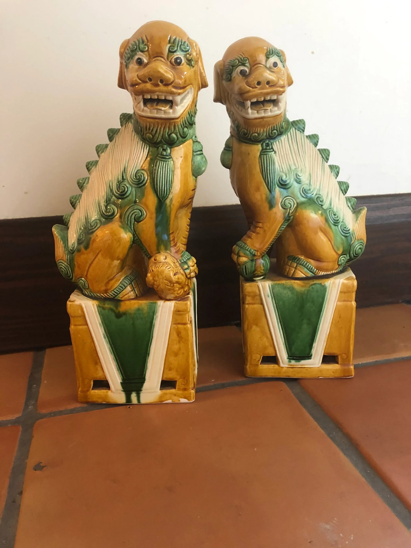 Large Ceramic Glazed Foo Dogs - a Pair - 9