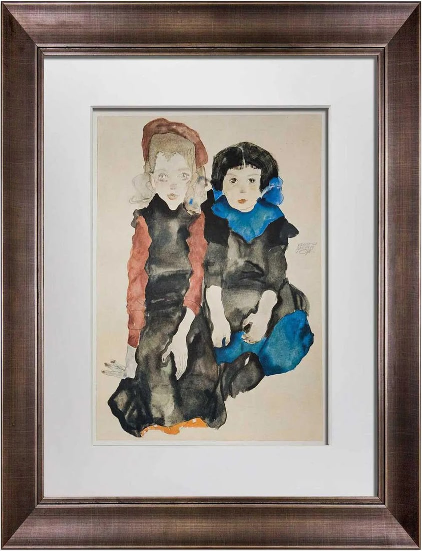 Abstract Egon Schiele Lithograph "Two Little Girls" - Signed: Schiele Lithograph Gouache titled Two Little Girls. 1911. Size : 30.5x40cm. Frame Size: 18 x 24 3/4in. It is a numbered Limited Edition of 100 and has exemplaire Authentication numbered out of 100 fro