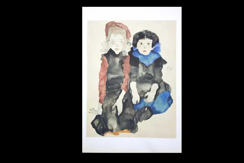 Abstract Egon Schiele Lithograph "Two Little Girls" - Signed - 5