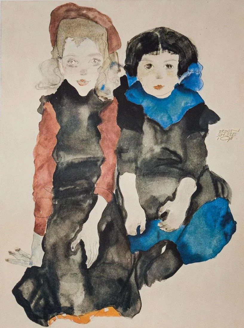 Abstract Egon Schiele Lithograph "Two Little Girls" - Signed - 6