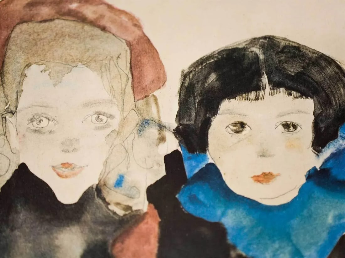 Abstract Egon Schiele Lithograph "Two Little Girls" - Signed - 7
