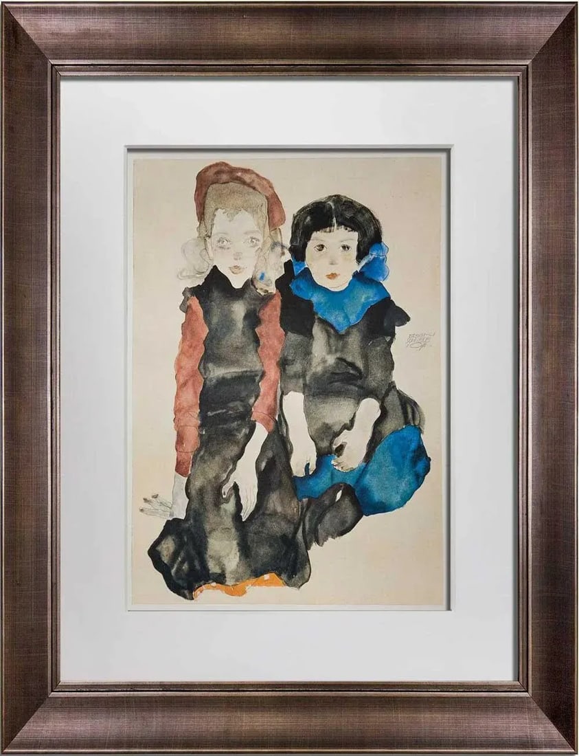 Abstract Egon Schiele Lithograph "Two Little Girls" - Signed - 8